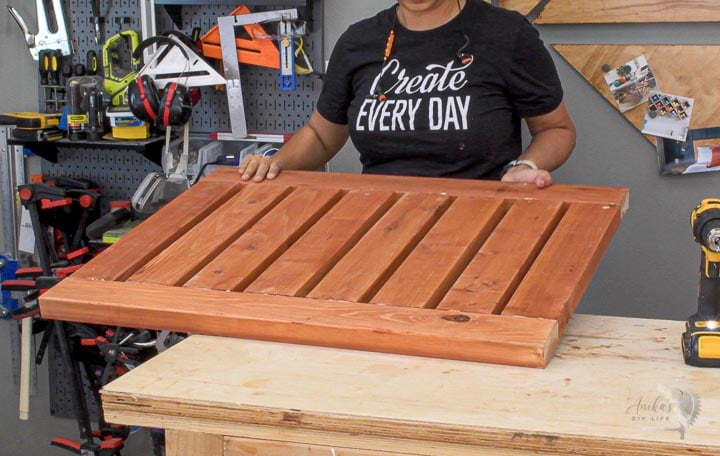 completed slatted top for the DIY outdoor storage box