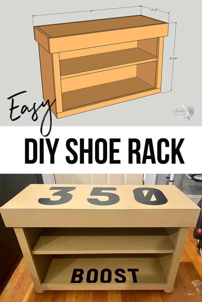 collage of DIY shoe rack and schematic with text overlay