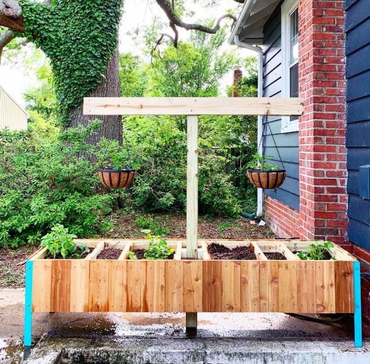 raised garden bed with t and arms to hold hanging flower pots