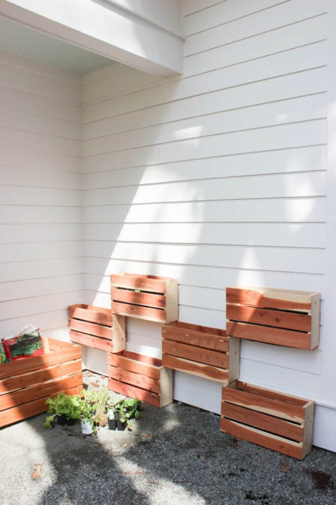 DIY wood planters stacked together