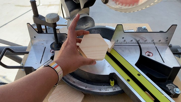 woman holding a hexagon cut on a miter saw