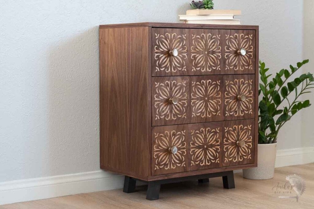 Complete DIY dresser with veneer panels in room with plant