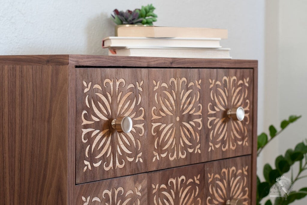 close up of the drawer panels with veneer.