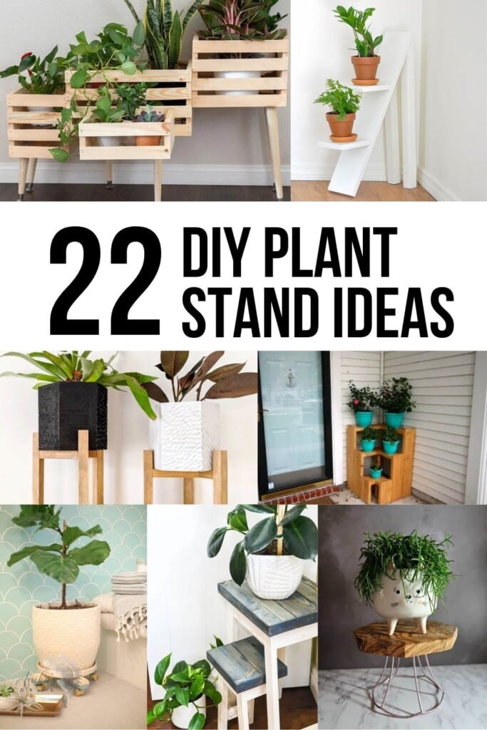 collage of wooden DIY plant stand ideas with text overlay