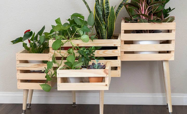 DIY plant stand made with wooden crates