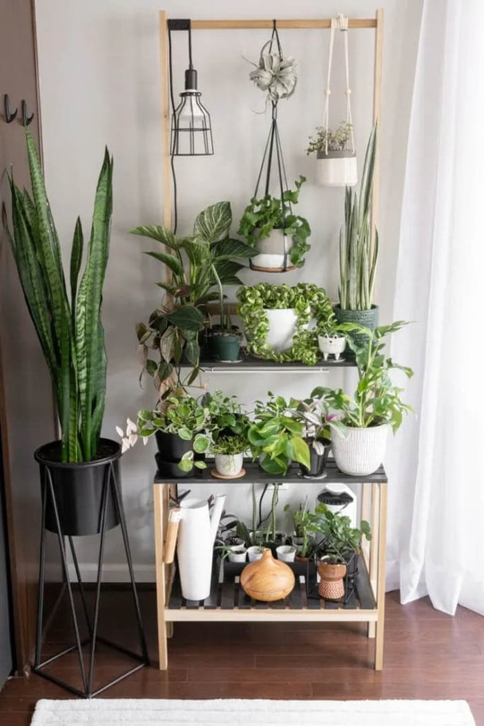 tiered diy plant stand with three shelves and a hanging bar