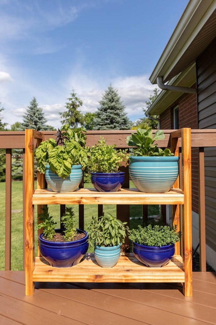 Cedar DIY plant stand with two shelves sitting on a deck
