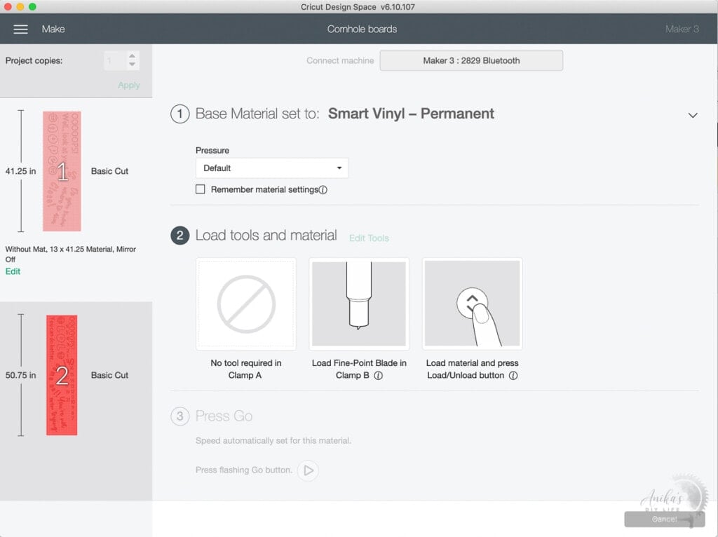 Screenshot of Cricut Design Space showing how to customize cornhole boards with a cricut 3