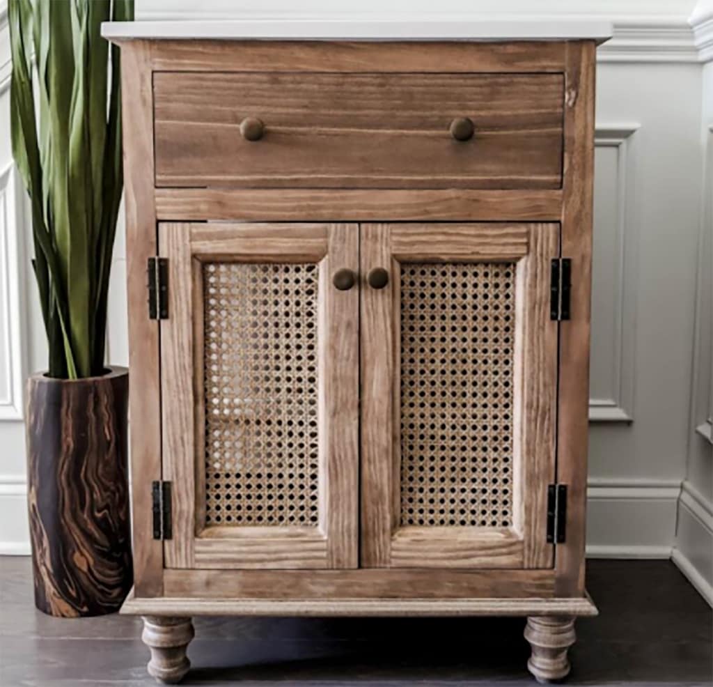 wood bathroom vanity with cane webbing doors