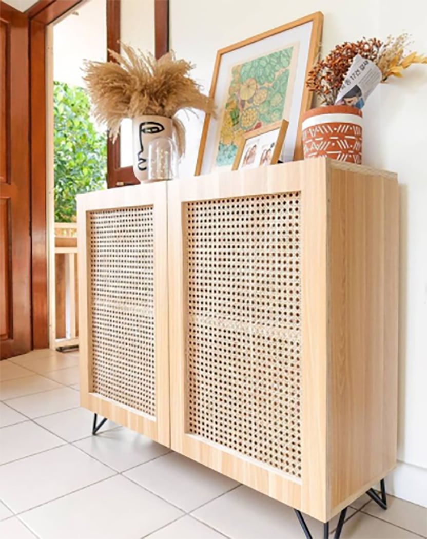 plywood malamine cabinet with rattan webbing door fronts