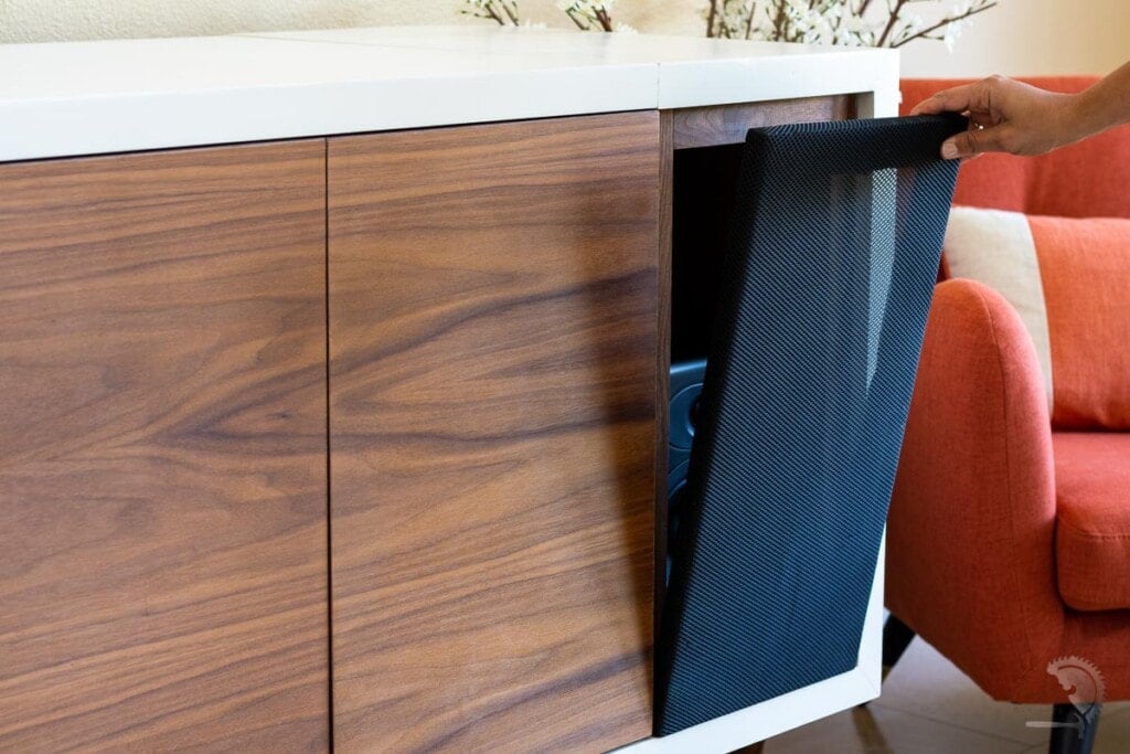 Magnetic speaker covers on the DIY record Player Cabinet