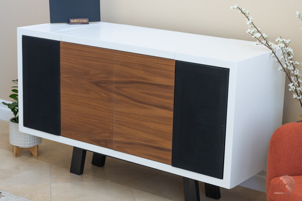 Record Player Stand with all it's doors closed in living room