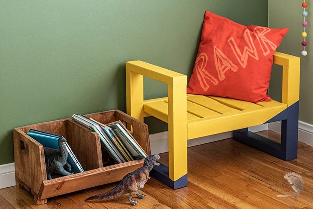 yellow and blue kids bench made from scrap 2x4 wood