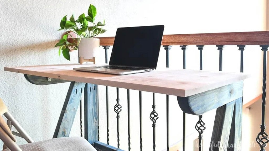 closeup of desk made from scrap 2x4 boards