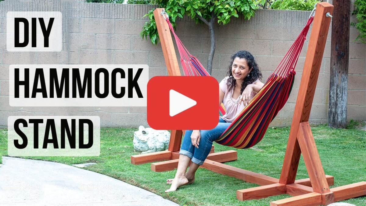 Anika in the diy hammock stand with Youtube play button
