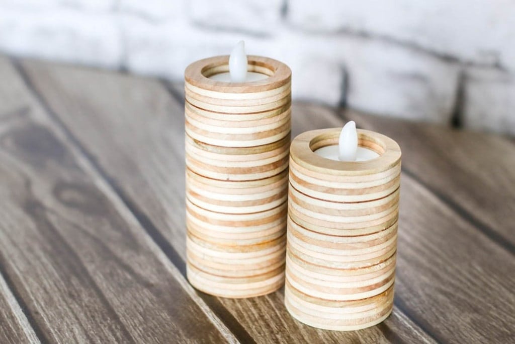 cylinder shaped candle holder made from scrap plywood
