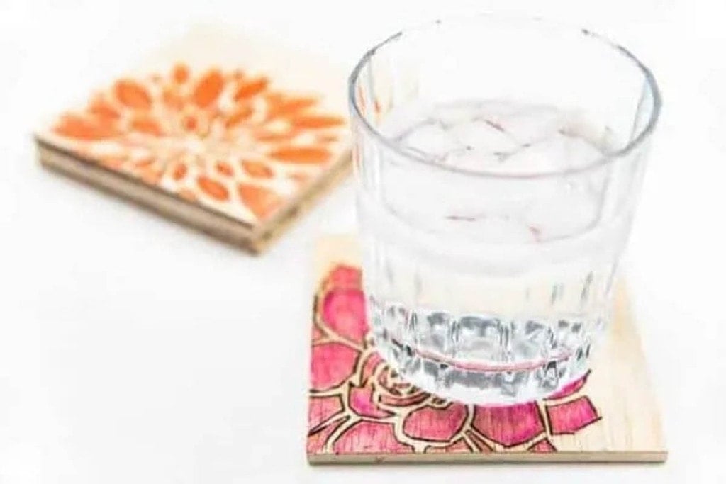 Drink coasters made with scrap plywood and watercolor paint