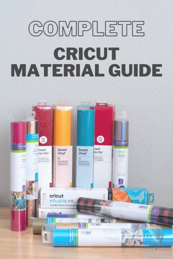 Collection of Cricut material on a table with text overlay