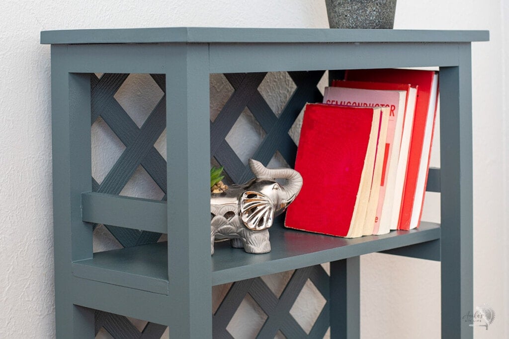 close up of the diy trellis bookshelf