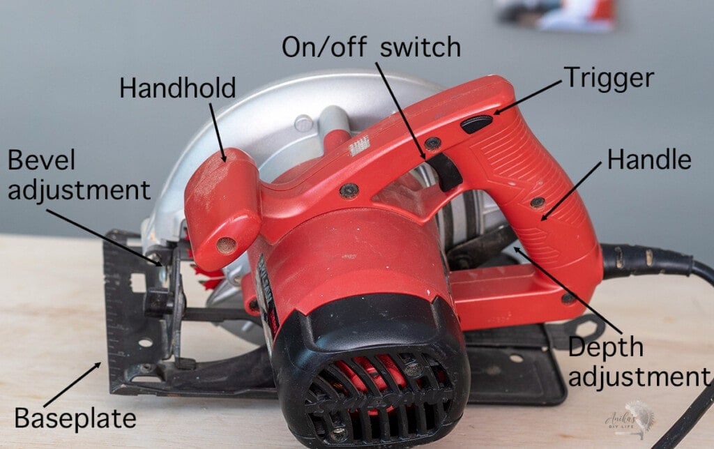 Back of circular saw on workbench with parts labeled