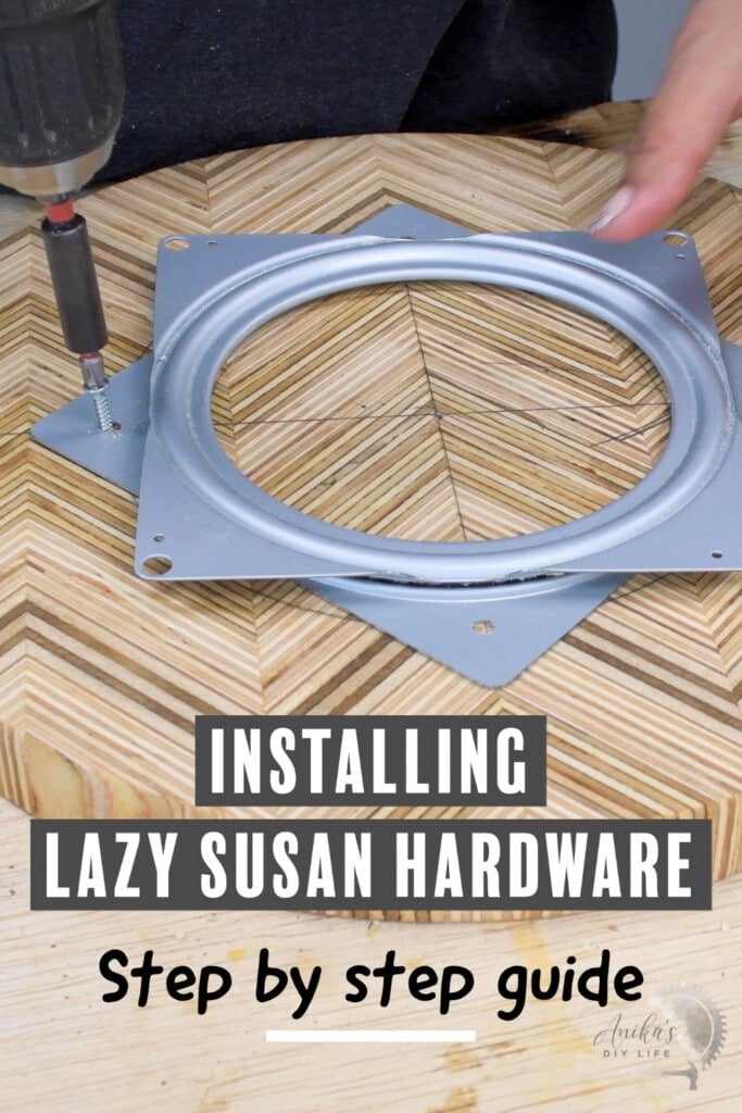 attaching lazy susan hardware to wood with text overlay