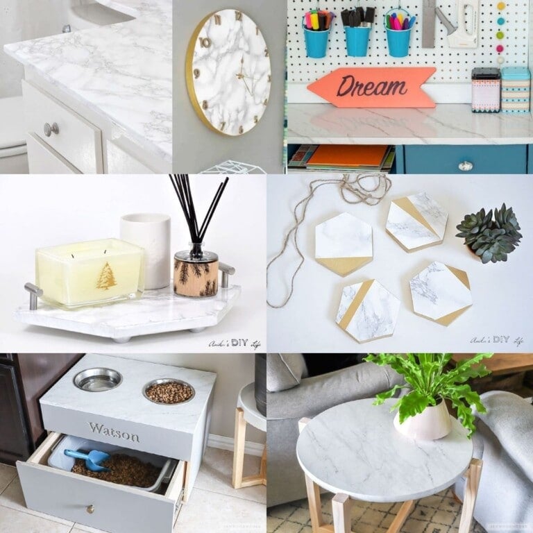 image collage of marble contact paper project ideas