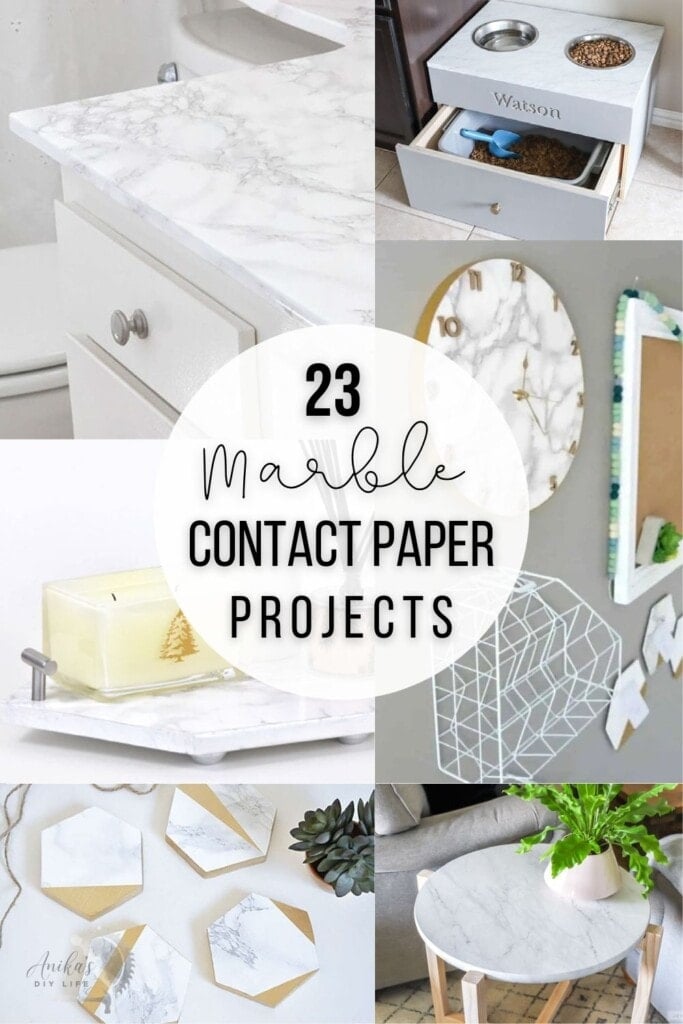 collage of projects using marble contact paper with text overlay