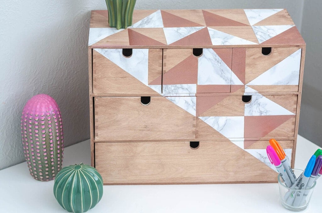 Ikea Moppe made over with paint and marble contact paper