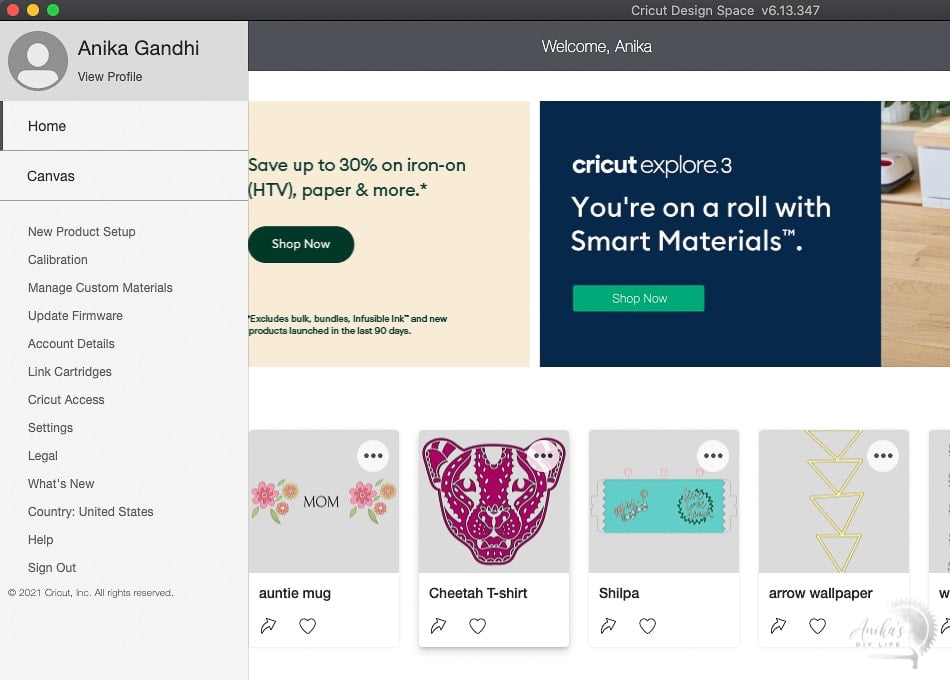Screenshot of the menu in Cricut Design Space