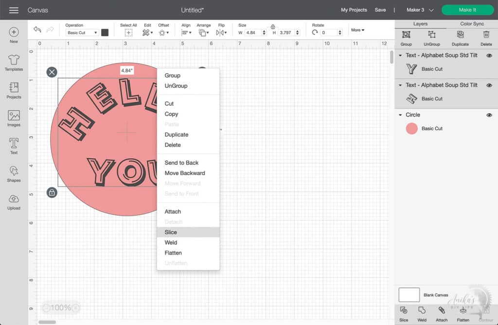 screenshot of Cricut Design Space with right click menu open