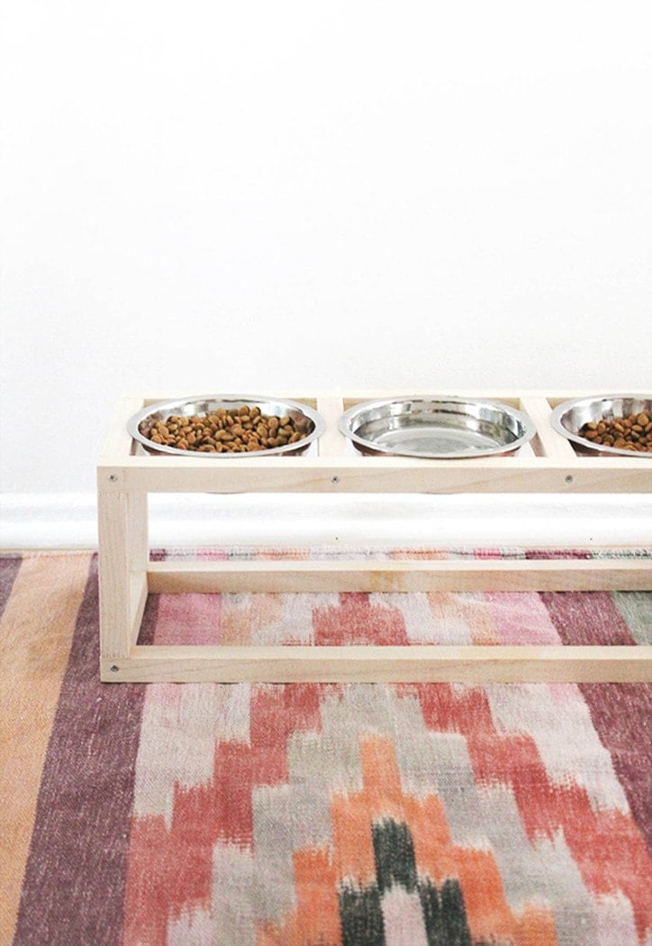 wood pet bowl stand with three bowls