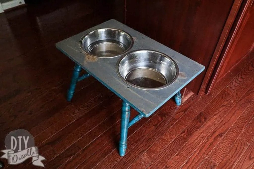 raised dog bowl stand with upcycled legs