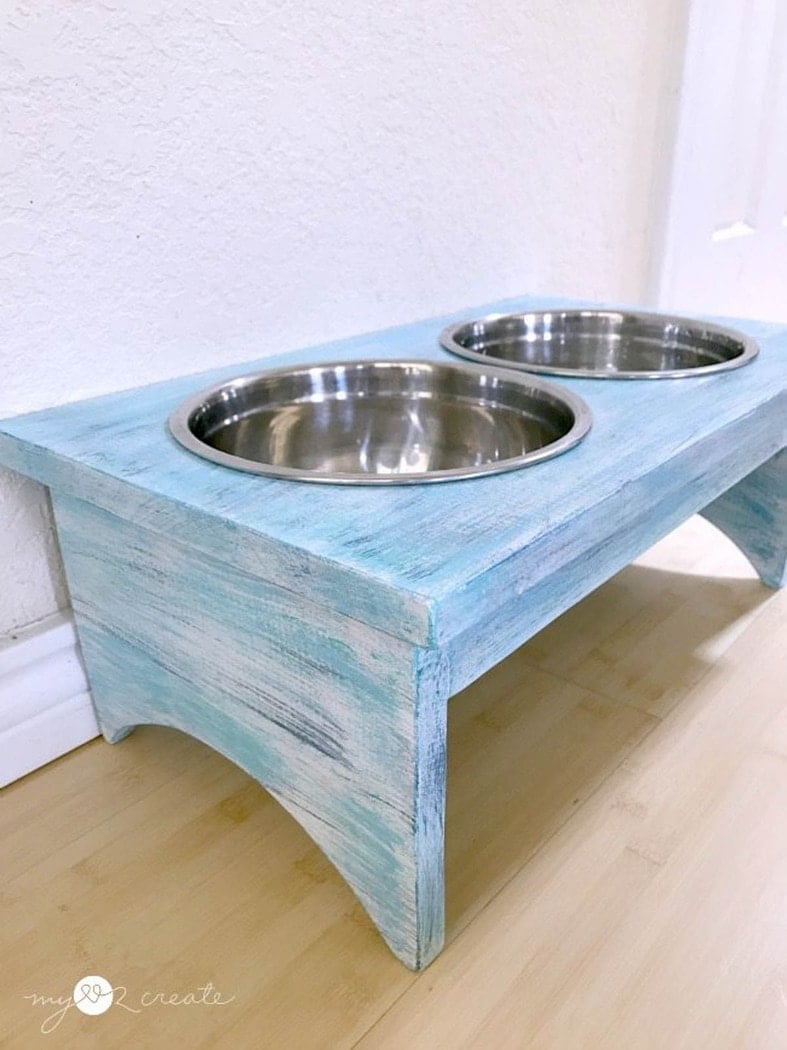 blue distressed finish dog bowl stand with stainless steel bowls