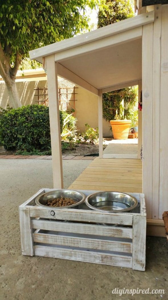 dog bowl stand made from a wine crate