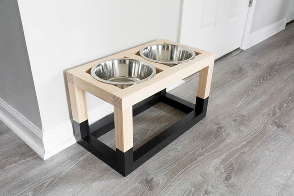 wood dog bowl stand with black painted base