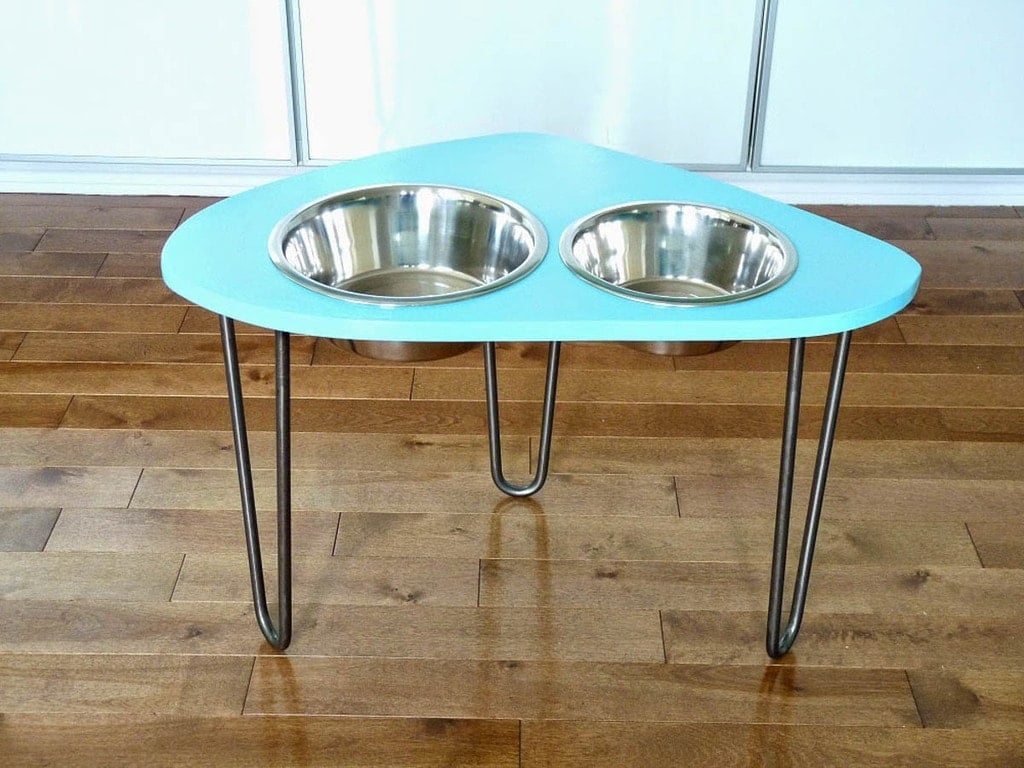 teal raised dog bowl feeder with hairpin legs