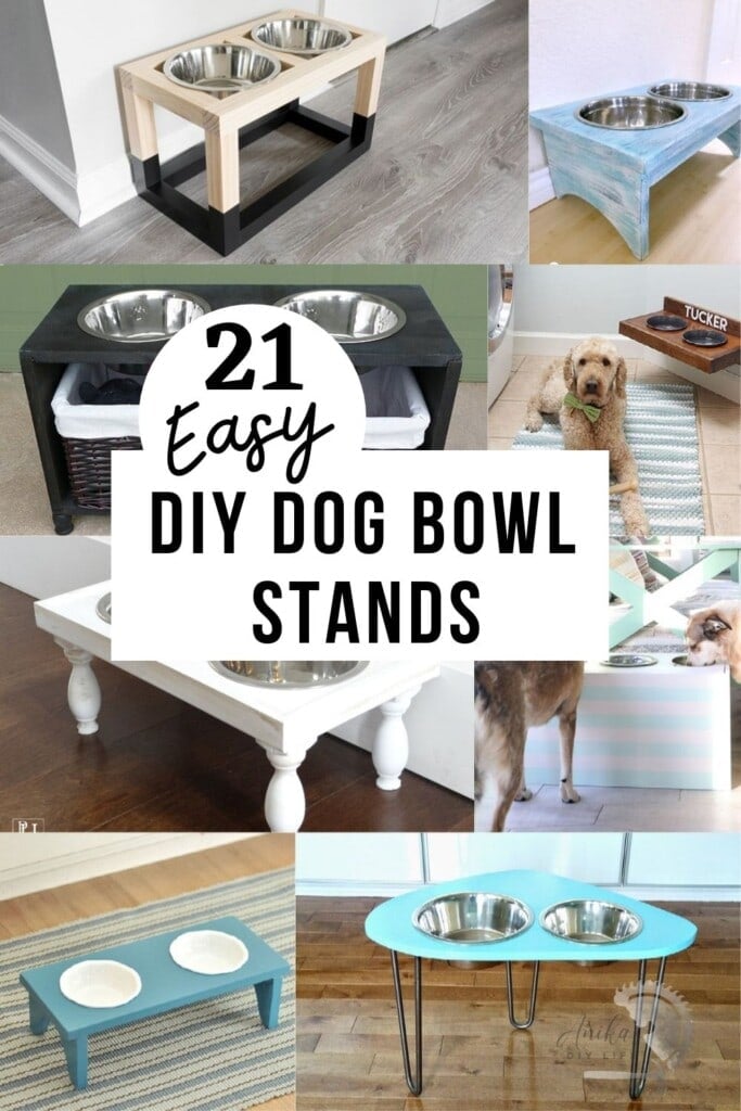 collage of DIY dog bowl stand ideas with text overlay