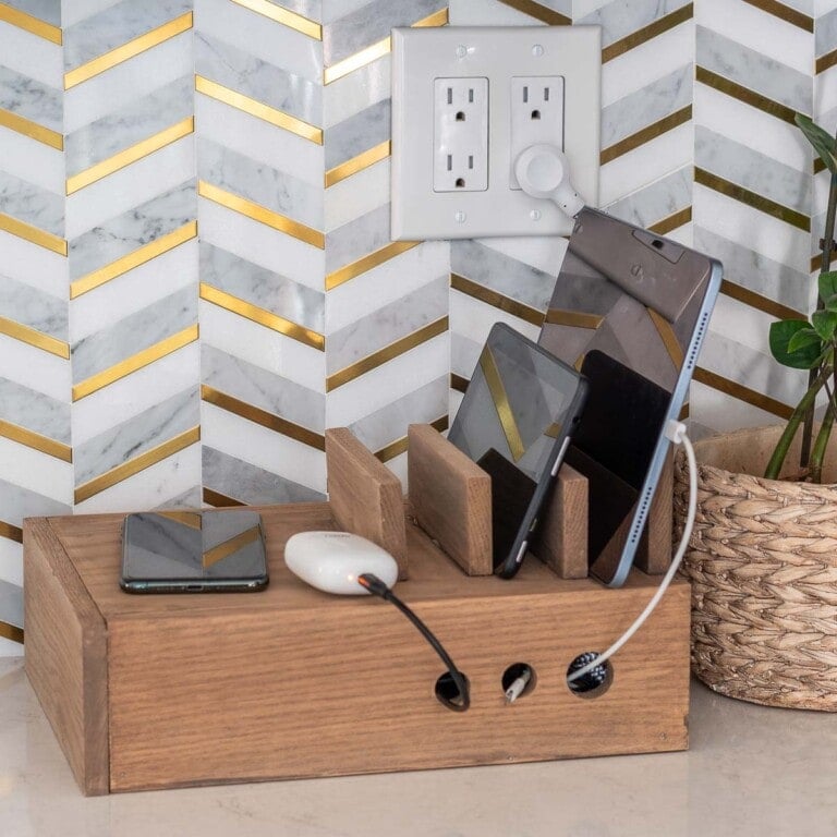 Build a simple DIY device charging station to get the wire clutter under control with a family charging station including a built-in wireless charger.
