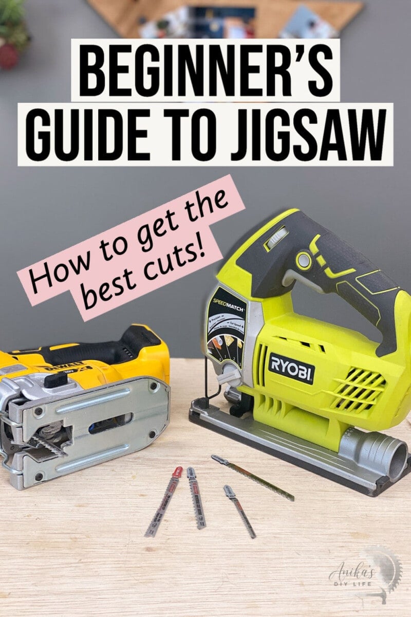 Jigsaws and jigsaw blades on workbench with text overlay