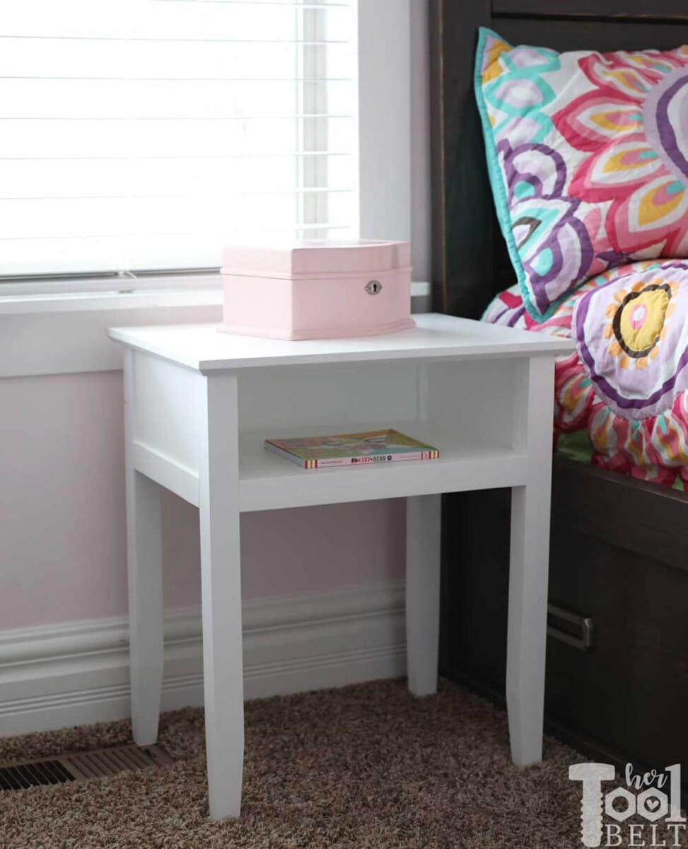 white painted nightstand with open shelf