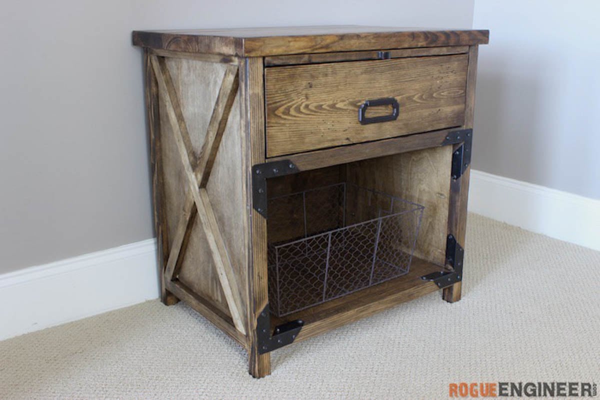 rustic nightstand with drawer and X detail on side panels
