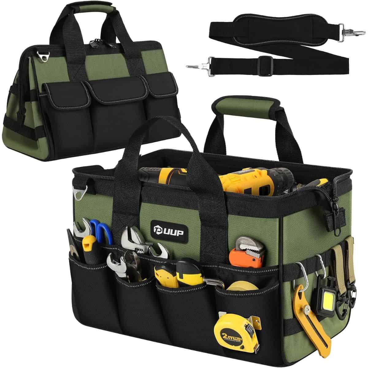 Image of green and black heave duty tool bag with tools in it