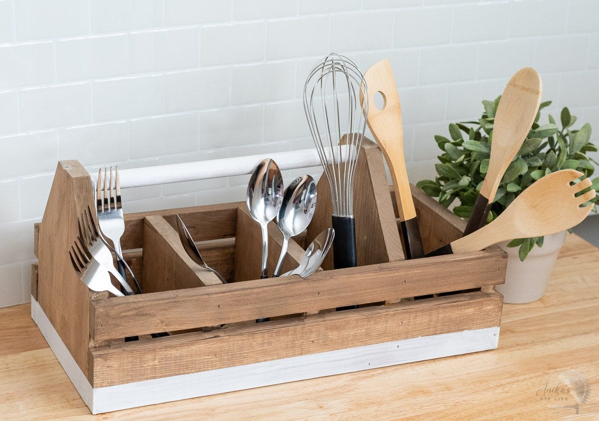DIY Wooden tool box organizer with kitchen utencils