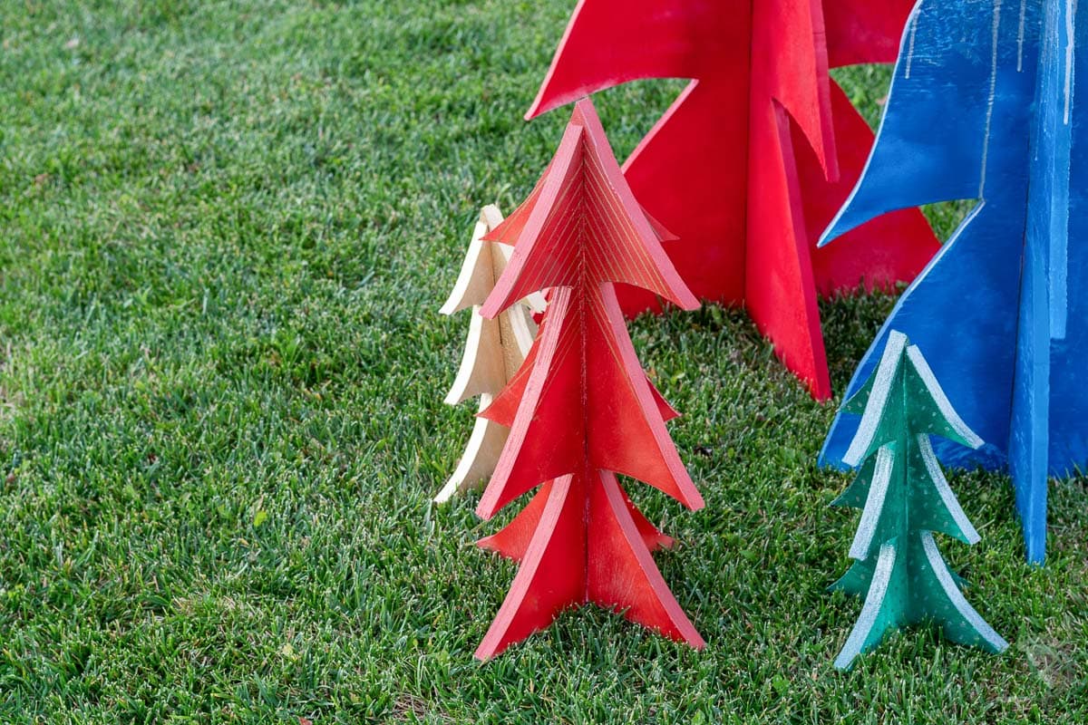 Close up DIY wooden Christmas trees.