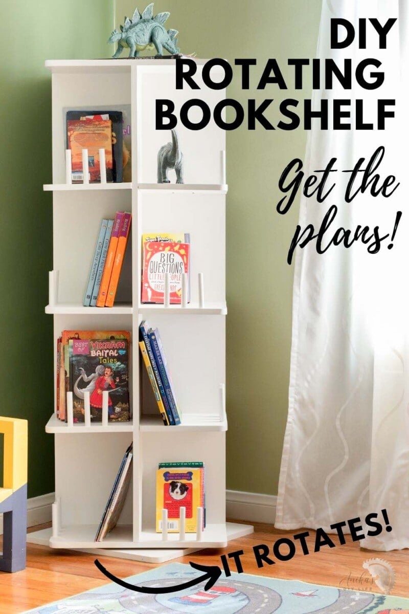 ROtating bookcase in boys room with text overlay