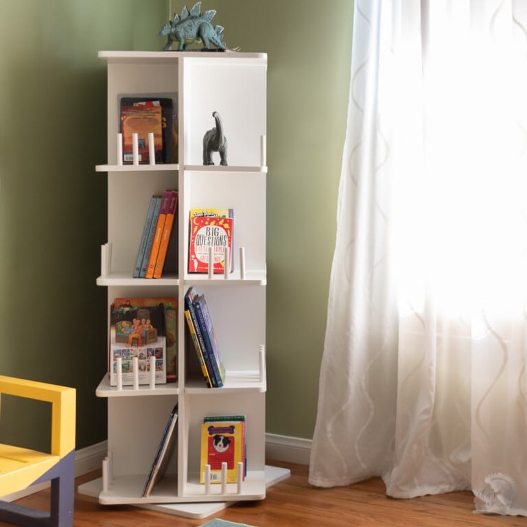 Learn how to build a DIY rotating bookcase which is perfect for lots of storage in the corner of a room with the full tutorial and plans.