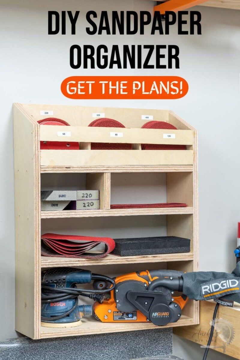 DIY Sandpaper and Sander Organizer on wall with text overlay