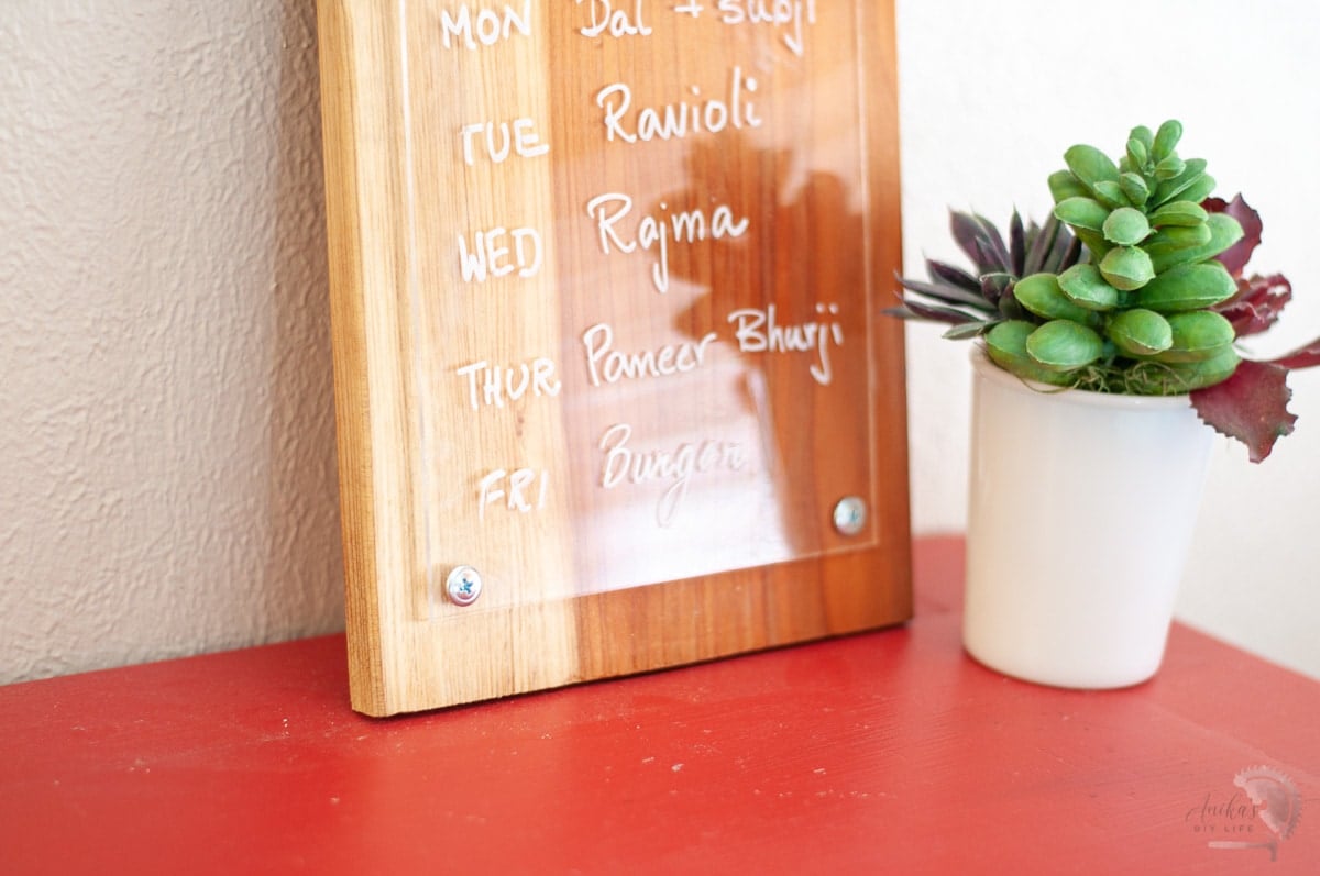 Close up of DIY dry erase menu board