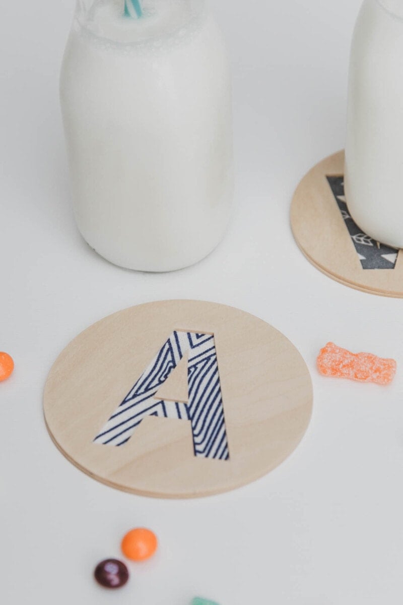 monogram letter A on a coaster made using basswood