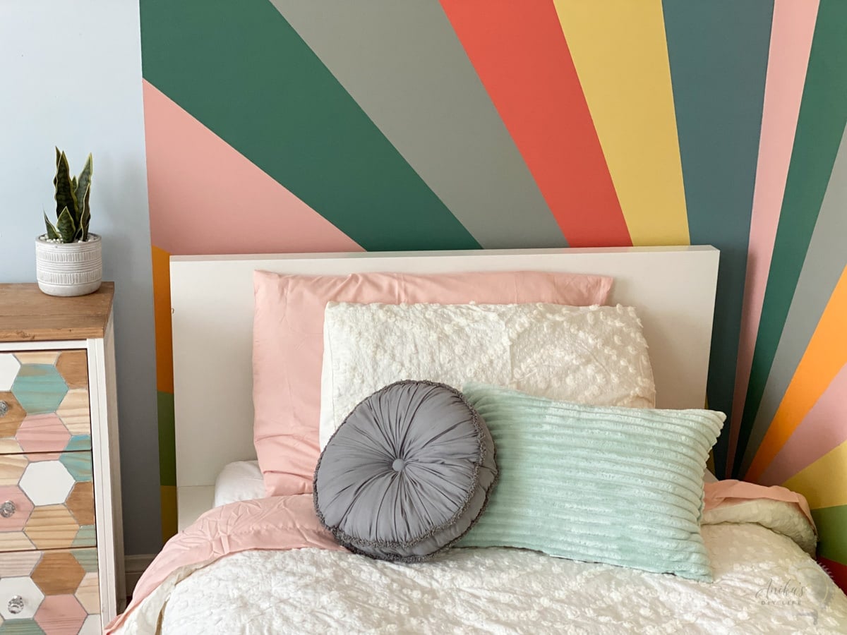 One angle of corner with rainbow accent wall